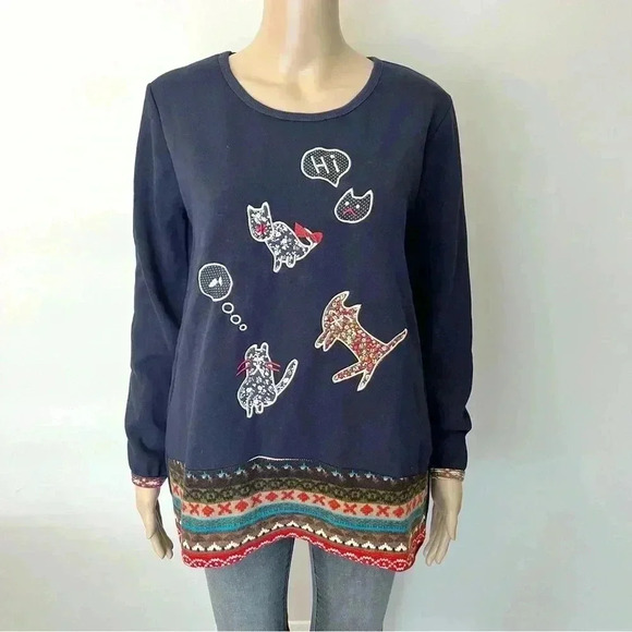 Vintage long sleeves navy sweaters with cats embroidery on the front. Medium - Picture 1 of 8